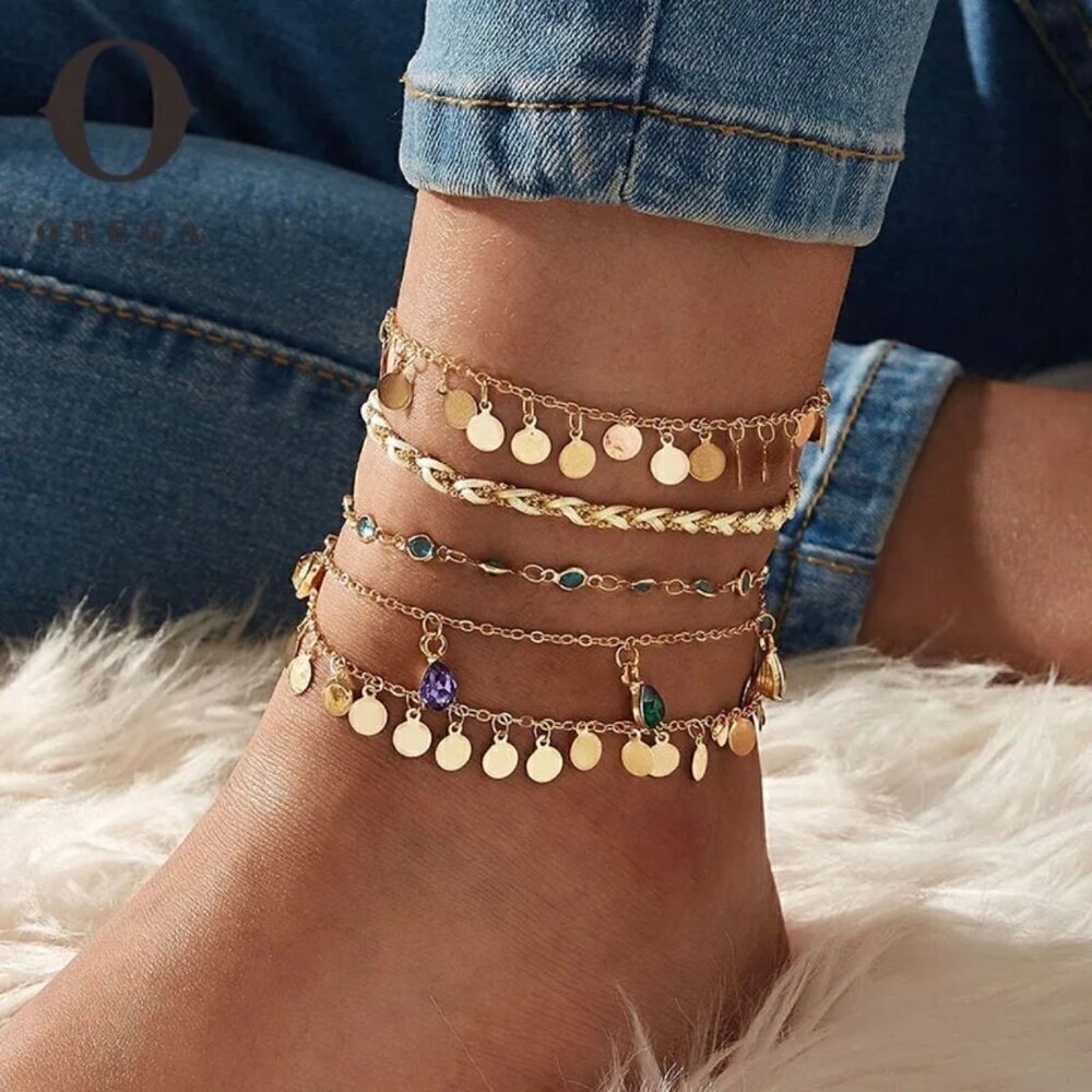 NWT Gold Anklets Ankle Bracelet Set 5PCs Braided Crystals Charms Green Blue